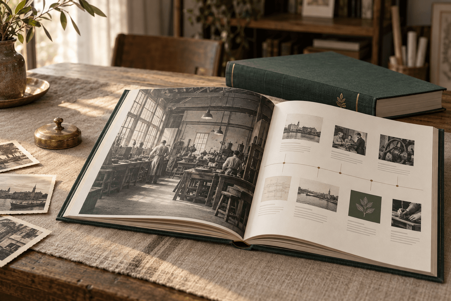 Fictieve productimpressie van een open jubileumboek op een tafel met archiefbeelden en een tijdlijn.